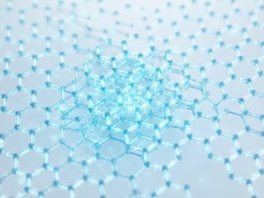 Macro close-up of interconnected hexagonal molecular structures, glowing faintly with internal energy, against a clean, clinical pale blue background, high-key studio light.