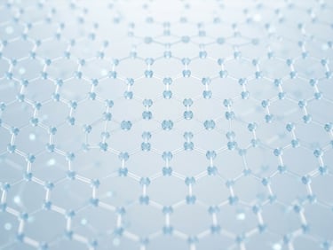 Macro photograph of a clean hexagonal molecular lattice structure, clinical high-key studio lighting, pale blue and white tones, shallow depth of field.