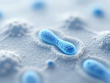 Microscopic view of cellular structures with glowing blue telomeres, clean scientific photography, bright high-key clinical light, pale blue and white tones, macro depth of field