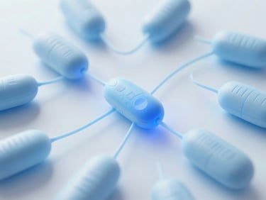 Stylized data visualization of mitochondrial pathways, glowing blue and white, against a clean, minimalist scientific background, clean scientific photography, bright high-key clinical light, pale blue and white tones, macro depth of field
