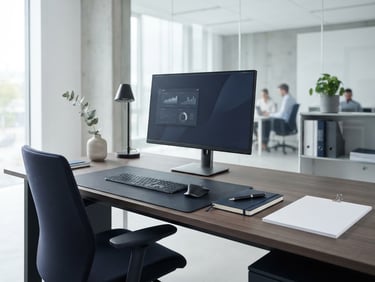 An organized minimalist corporate office desk, sharp lines, clean documents, cool slate and navy tones, bright neutral daylight, professional focus.