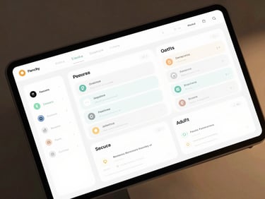 High-fidelity UI mockup of a clean digital productivity dashboard, soft warm ambient reflections, isometric angle, minimalist layout.
