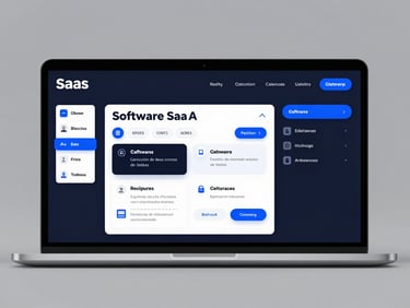 Maqueta de interfaz de usuario de un software SaaS de gestión de centros de belleza con IA, en modo oscuro, con acentos azules eléctricos y elementos de interfaz de usuario limpios. Disposición de escritorio recta y nítida.