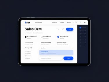 Mockup de una pantalla de Sales CRM AI con un editor de plantillas de correo electrónico que utiliza IA para sugerir contenido personalizado, con un diseño limpio y técnico.