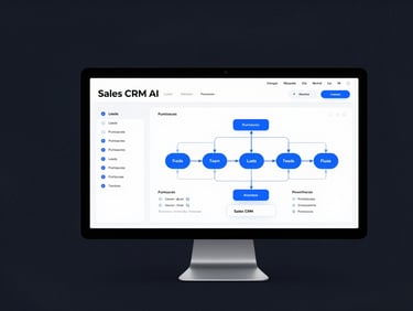 Maqueta de Sales CRM AI en un monitor, destacando un dashboard de leads con puntuaciones y un flujo de trabajo de ventas en azul.