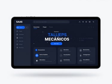 Maqueta de interfaz de usuario de un software SaaS de gestión de talleres mecánicos con IA, en modo oscuro, con acentos azules eléctricos y elementos de interfaz de usuario limpios. Disposición de escritorio recta y nítida.