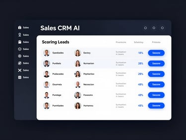 Interfaz de usuario de Sales CRM AI mostrando un módulo de scoring de leads con una lista de prospectos y sus puntuaciones predictivas, resaltando datos clave con un brillo azul.