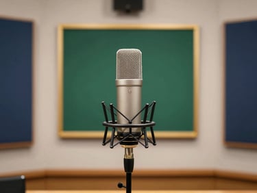 Professional broadcasting studio in Tripoli, high-end microphones, warm corporate lighting with deep green and gold accents, clean editorial composition.