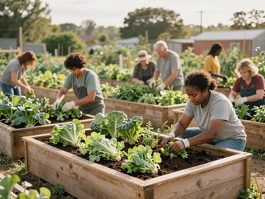 A vibrant community garden with raised wooden beds under soft morning sun, where local residents of diverse backgrounds are actively planting and harvesting fresh green vegetables together.