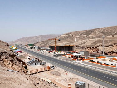Wide angle shot of a modern highway construction site in northern Peru, bright daylight, engineering precision