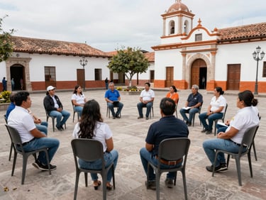 Community assembly in a town square in Lambayeque, citizens listening to a presentation, daylight