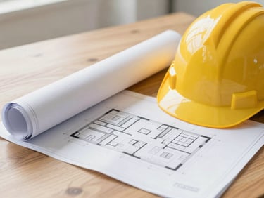 Architectural blueprint rolled out on a wooden table next to a safety helmet, soft natural light