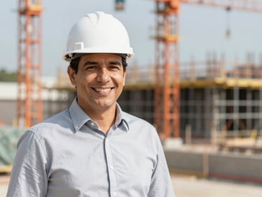 Professional editorial portrait of Ing. Barboza on the left side of the frame, smiling confidently, wearing a white hardhat and a neat light grey shirt, active construction site blurred in the background, bright natural daylight, 35mm lens.