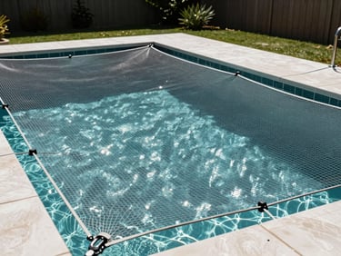 Backyard pool with a fine safety net stretched taut over the water surface, net anchored to poolside deck hardware, mid-morning sunlight glinting off water through the mesh, no people, clean landscaping around