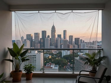 Apartment balcony with city skyline view, a transparent protective net spanning the full opening, potted plants and a chair in the foreground, early evening light, net barely perceptible against the sky