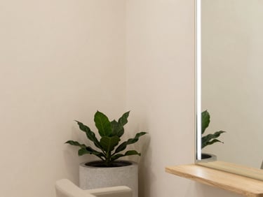 Quiet, elegant corner of the physical Casadei beauty salon, minimalist warm cream interior, soft diffused daylight, concrete planters with green foliage