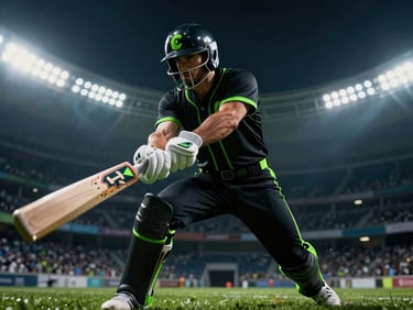 Low-angle heroic shot of a batsman focused under dramatic stadium floodlights, deep shadows, neon green accents, motion blur, cinematic action, octane render