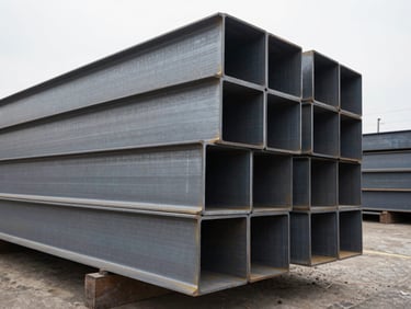 Industrial photography, cold overcast daylight, massive stacked steel beams in a Monterrey distribution center, sharp details, high contrast steel textures, 35mm lens