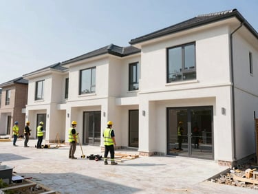 Medium shot of a residential renovation in progress, team members in high-visibility gear, clean work area, natural daylight, high contrast, architectural details.