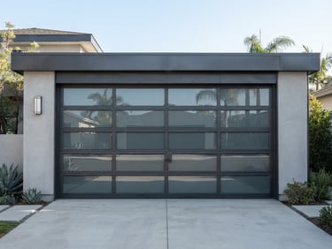 Straight-on architectural shot of a modern steel garage door on a Santa Ana home, bright natural daylight, clean industrial tones.