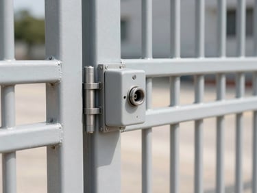Close-up of a secure electronic gate latch mechanism and heavy-duty hinges on a steel perimeter gate.