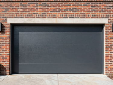 Straight-on architectural shot of a modern dark steel sectional garage door on a brick building, daylight.