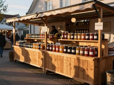 A cozy Scandinavian-style market interior during golden hour, long shadows stretching across wooden shelves of preserves, a warm and inviting neighborhood hub.