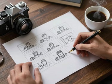 Overhead shot of hands sketching a storyboard on butcher paper next to a vintage camera and a steaming cup of black coffee, warm moody indoor lighting.