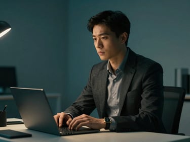 Polished creative director looking off-camera in a high-end minimalist design studio, dramatic low-key lighting, deep teal color grade, 35mm