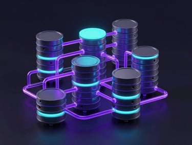 Abstract 3D rendering of complex database schemas and glowing purple data pipelines, dark background