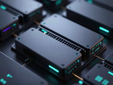 Macro close-up of sleek server hardware nodes glowing with subtle teal accents, dark ambient shadows