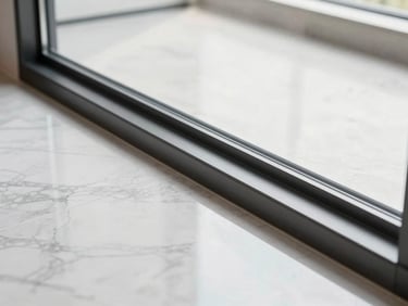 Close-up of a sleek charcoal grey sliding door track flush with a marble floor, natural light reflecting off clean glass.