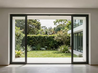 Large-format sliding glass door opening to a lush garden, minimalist luxury home interior, soft natural daylight