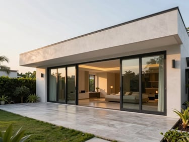 Wide-angle architectural photography of a modern luxury villa in Hyderabad at golden hour, featuring floor-to-ceiling glass sliding doors opening to a lush garden, warm soft light.