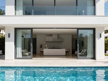Wide architectural shot of a modern villa terrace with bifold aluminum doors fully folded open to a swimming pool.