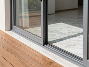 Close-up of a flush floor track of a sliding aluminum door, seamless transition between interior marble and outdoor teak deck