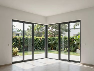 Minimalist living room showing a structural corner made entirely of glass doors, looking out to Hyderabad foliage.