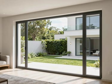 A floor-to-ceiling Duraslim Edge sliding window in a modern living room, looking out to a lush green courtyard, bright daylight
