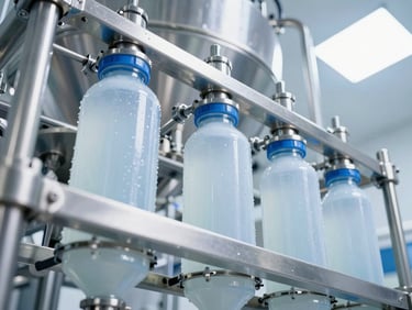 Low-angle heroic shot of an advanced automated beverage manufacturing facility, stainless steel filtration lines with cool blue and crisp white highlights, clean clinical precision.