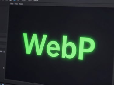 Sleek tech photography, high contrast macro shot of a light compressed WebP image on a dark screen, glowing neon green accent