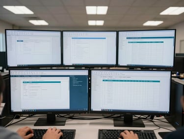 Close overhead shot of a large enterprise workstation desk, multiple screens displaying compliance workflow diagrams and data access permission matrices, hands at keyboard visible at bottom edge, even fluorescent office lighting, institutional setting, no faces