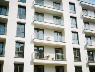 Modern apartment exterior, sharp architectural perspective, bright natural daylight, clean realistic colors, 35mm