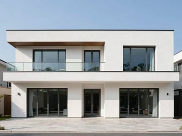 Straight-on exterior architectural perspective of a contemporary luxury villa, bright daylight, realistic colors