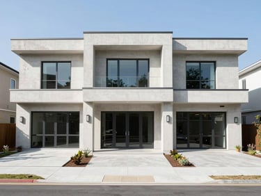 Contemporary suburban villa facade, clean concrete lines, bright natural daylight, eye-level perspective, 35mm