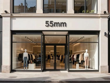 Straight-on eye-level view of a modern retail storefront facade in an upscale urban shopping district, daylight, sharp focus, 35mm.