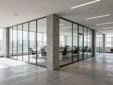 Bright interior of a modern open-plan office space with glass partitions, concrete pillars, natural window light, realistic 35mm perspective.