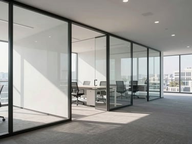 Minimalist commercial office interior, glass partitions, bright natural daylight, realistic perspective, 35mm