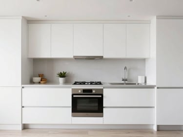 Crisp architectural shot of a modern two-bedroom family flat kitchen, bright natural light, straight-on perspective