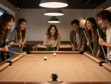 A group of friends laughing around a brightly lit billiard table, holding cues, warm indoor lighting, shallow depth of field, modern minimalist cafe interior visible in background
