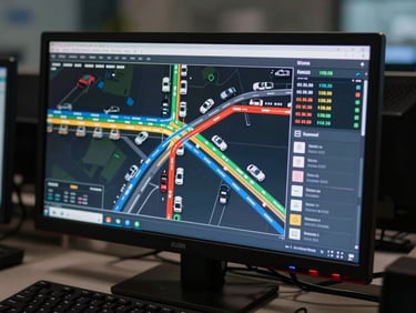 Close-up wide-angle shot of a large control-room monitor showing a live traffic flow dashboard with route segments color-coded by congestion level, a sidebar of intersection vehicle counts, and a timestamp readout — monitor glow the dominant light source, dark surroundings, keyboard partially visible in the foreground